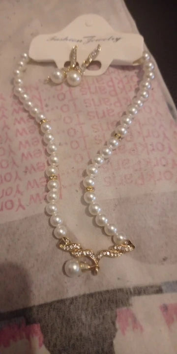 Pearl Jewelry Set - Gold Necklace & Earrings for Women