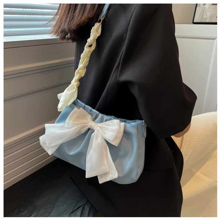 Women's Bow Pleated Shoulder Bag - Cute Underarm Tote Handbag