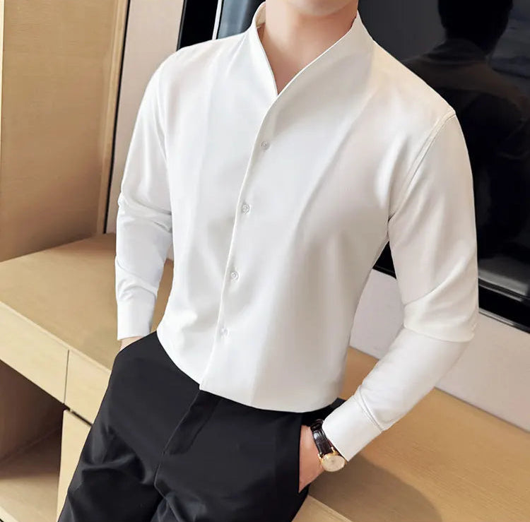 Men's V-Neck Designer Shirt - Stand-Up Collar Long Sleeve