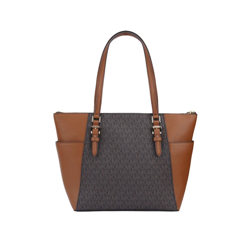 Michael Kors Two‑Tone Leather Satchel – Signature MK Monogram, Gold Hardware, Structured Designer Handbag