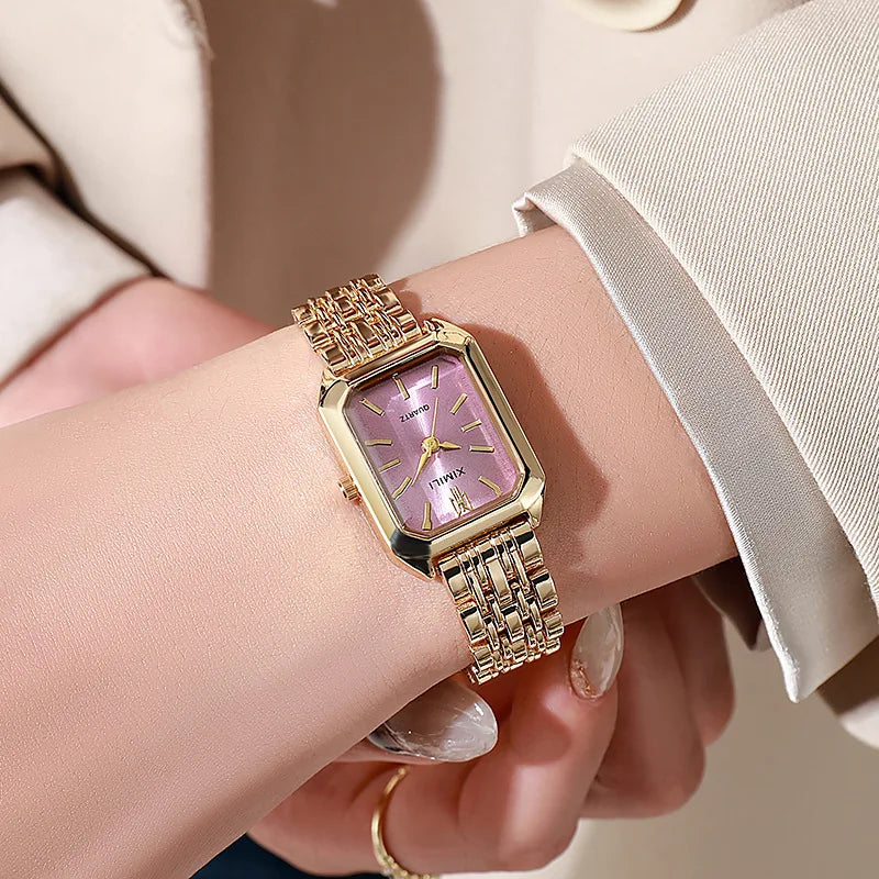 Women's Square Watch - Gold Stainless Steel Business Wristwatch