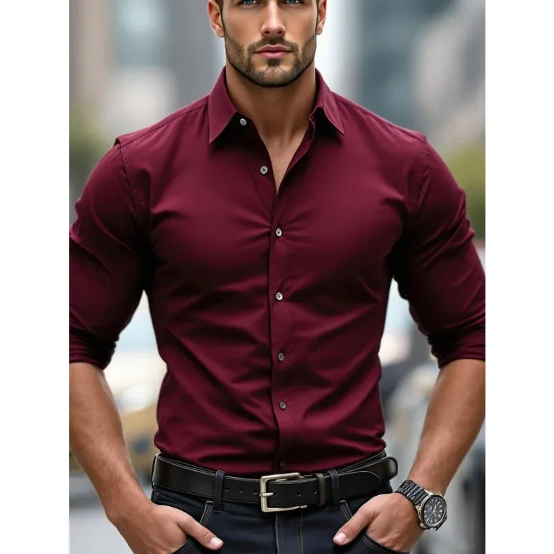 MEN'S SOLID COLOR BUSINESS SHIRT – LONG SLEEVE ELASTIC FIT