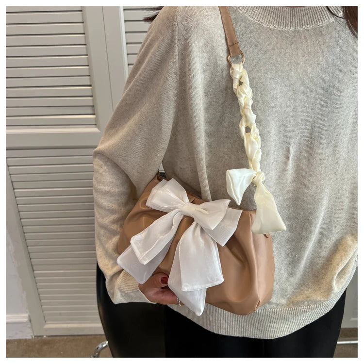 Women's Bow Pleated Shoulder Bag - Cute Underarm Tote Handbag