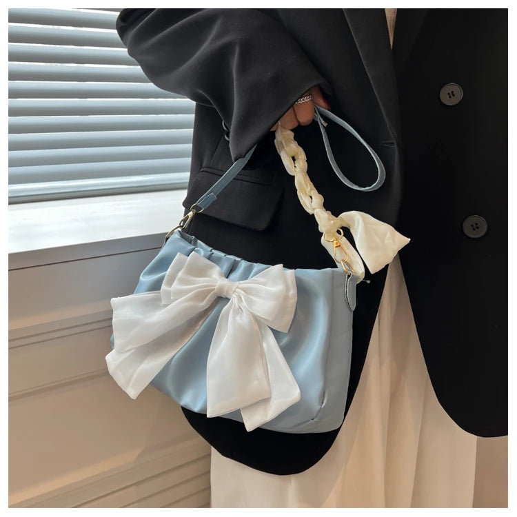 Women's Bow Pleated Shoulder Bag - Cute Underarm Tote Handbag