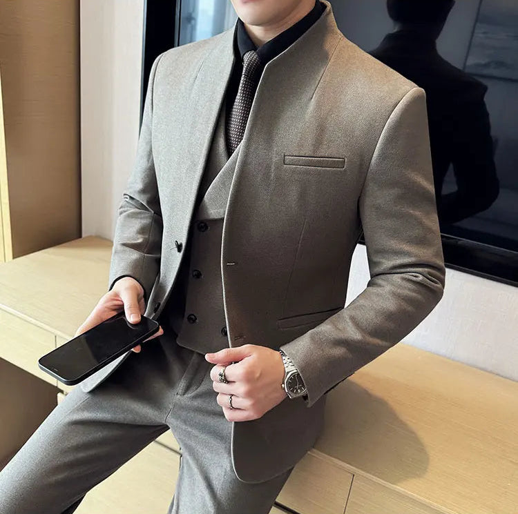 Men's Korean Style Wool Blazer Suit Set - Slim Fit Two-Piece
