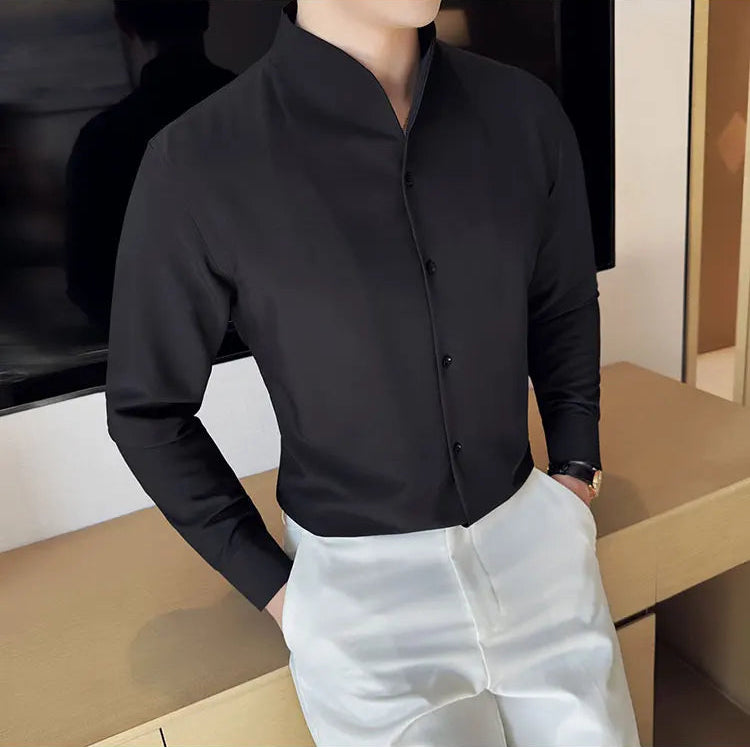 Men's V-Neck Designer Shirt - Stand-Up Collar Long Sleeve