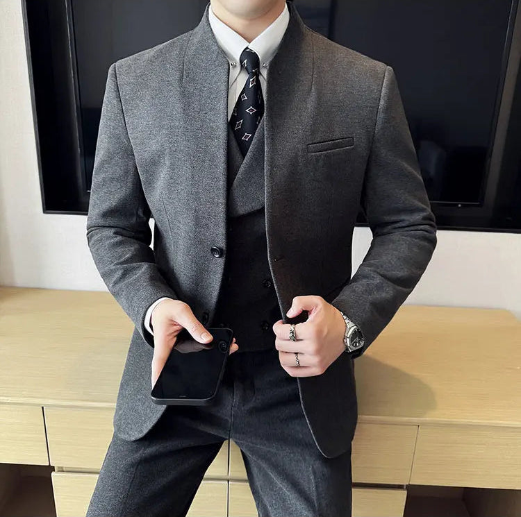 Men's Korean Style Wool Blazer Suit Set - Slim Fit Two-Piece