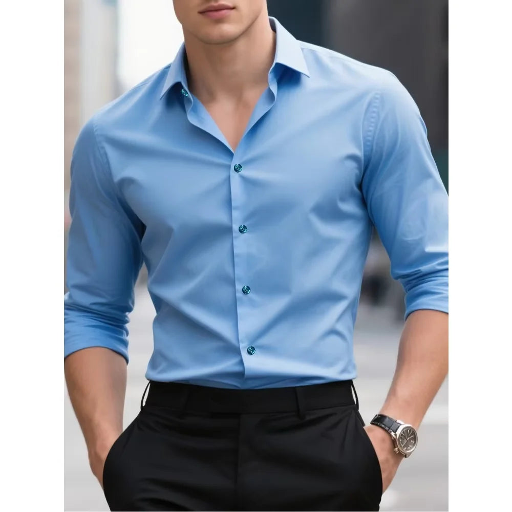 MEN'S SOLID COLOR BUSINESS SHIRT – LONG SLEEVE ELASTIC FIT