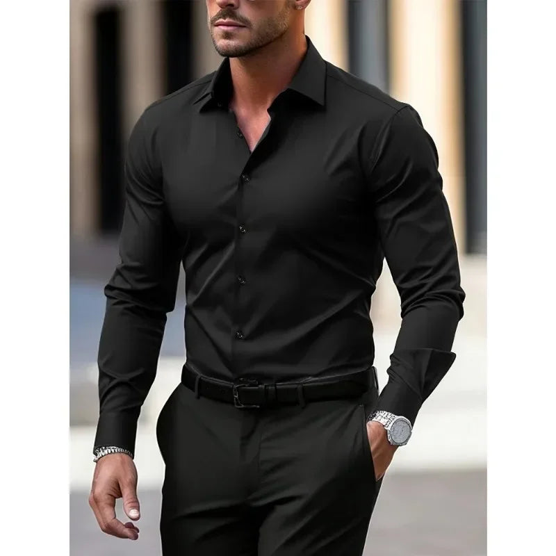 MEN'S SOLID COLOR BUSINESS SHIRT – LONG SLEEVE ELASTIC FIT
