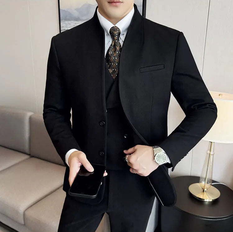 Men's Korean Style Wool Blazer Suit Set - Slim Fit Two-Piece