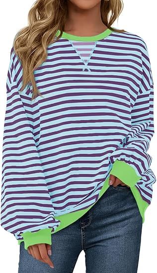 Fisoew Womens Striped Oversized Sweatshirt Color Block Crew Neck Long Sleeve Shirt Casual Loose Pullover Top Y2K Clothes