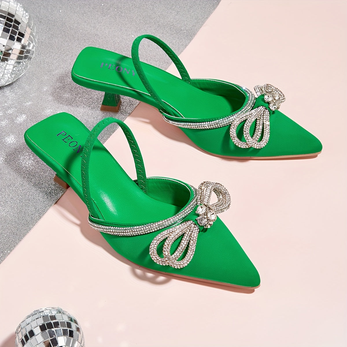 Women's Rhinestone Bowknot Kitten Heels - Elegant Slingback Sandals