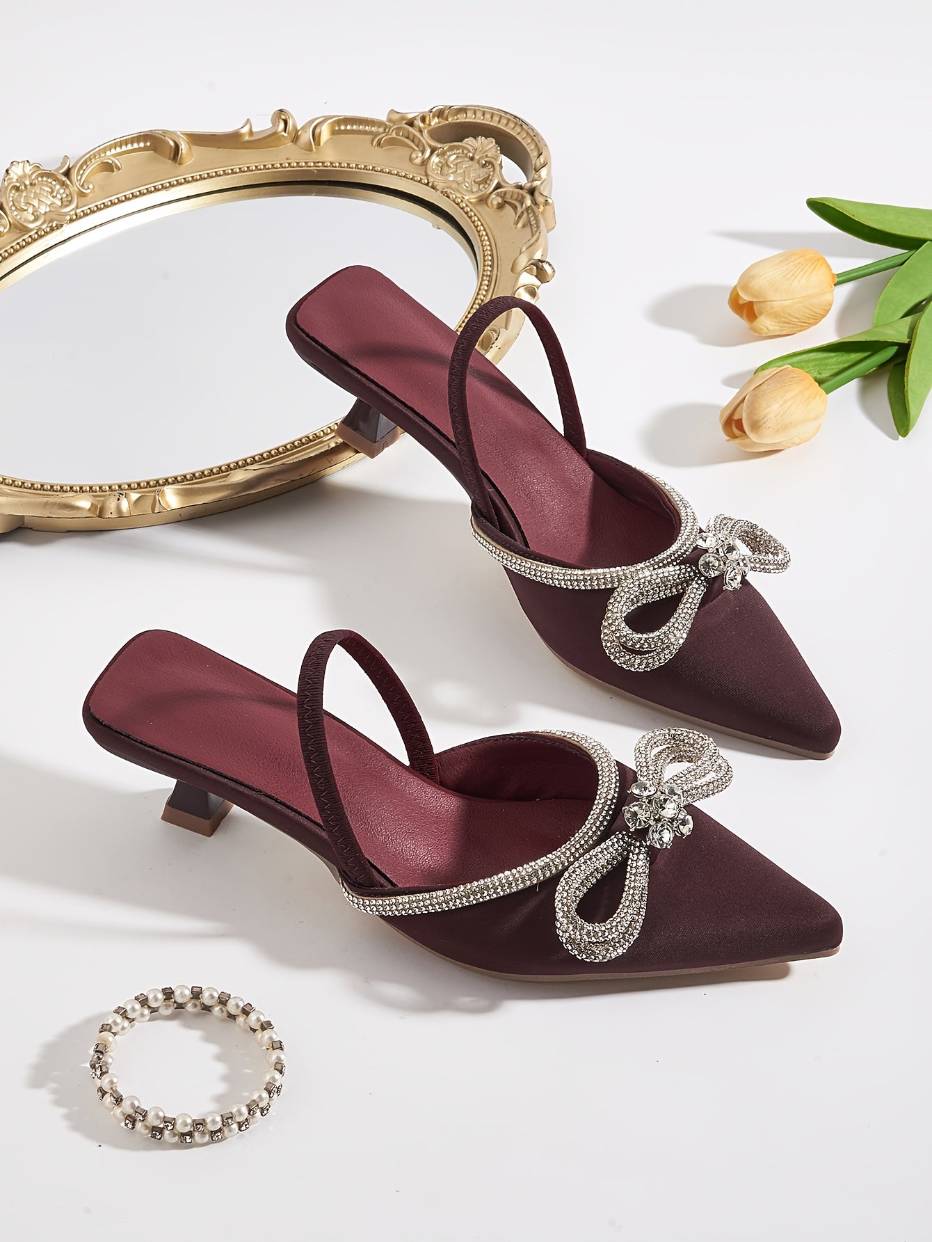 Women's Rhinestone Bowknot Kitten Heels - Elegant Slingback Sandals