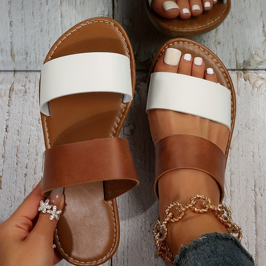 Women's Contrast Color Slide Sandals - Casual Flat Beach Shoes