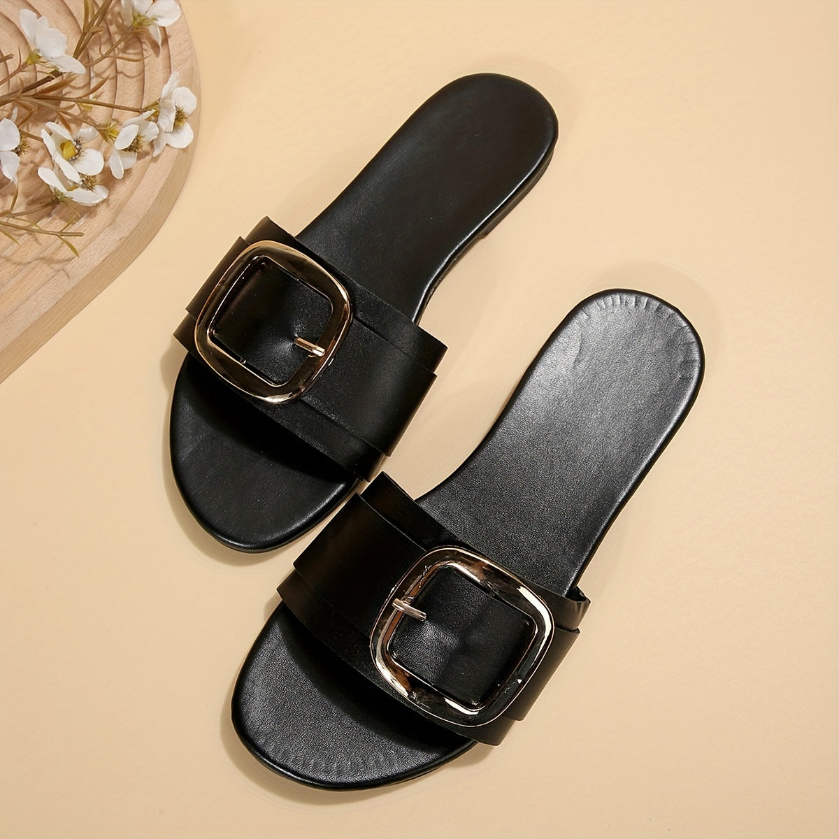 Women's Square Buckle Slide Sandals - Casual Flat Beach Shoes