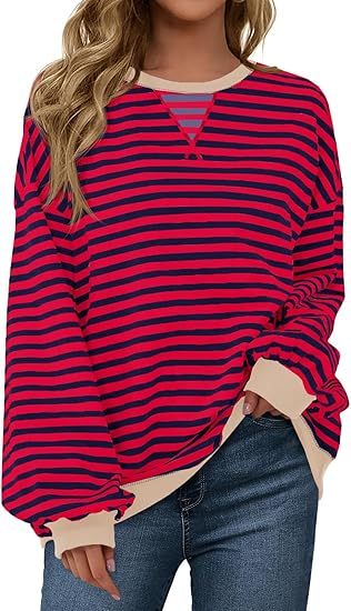 Fisoew Womens Striped Oversized Sweatshirt Color Block Crew Neck Long Sleeve Shirt Casual Loose Pullover Top Y2K Clothes