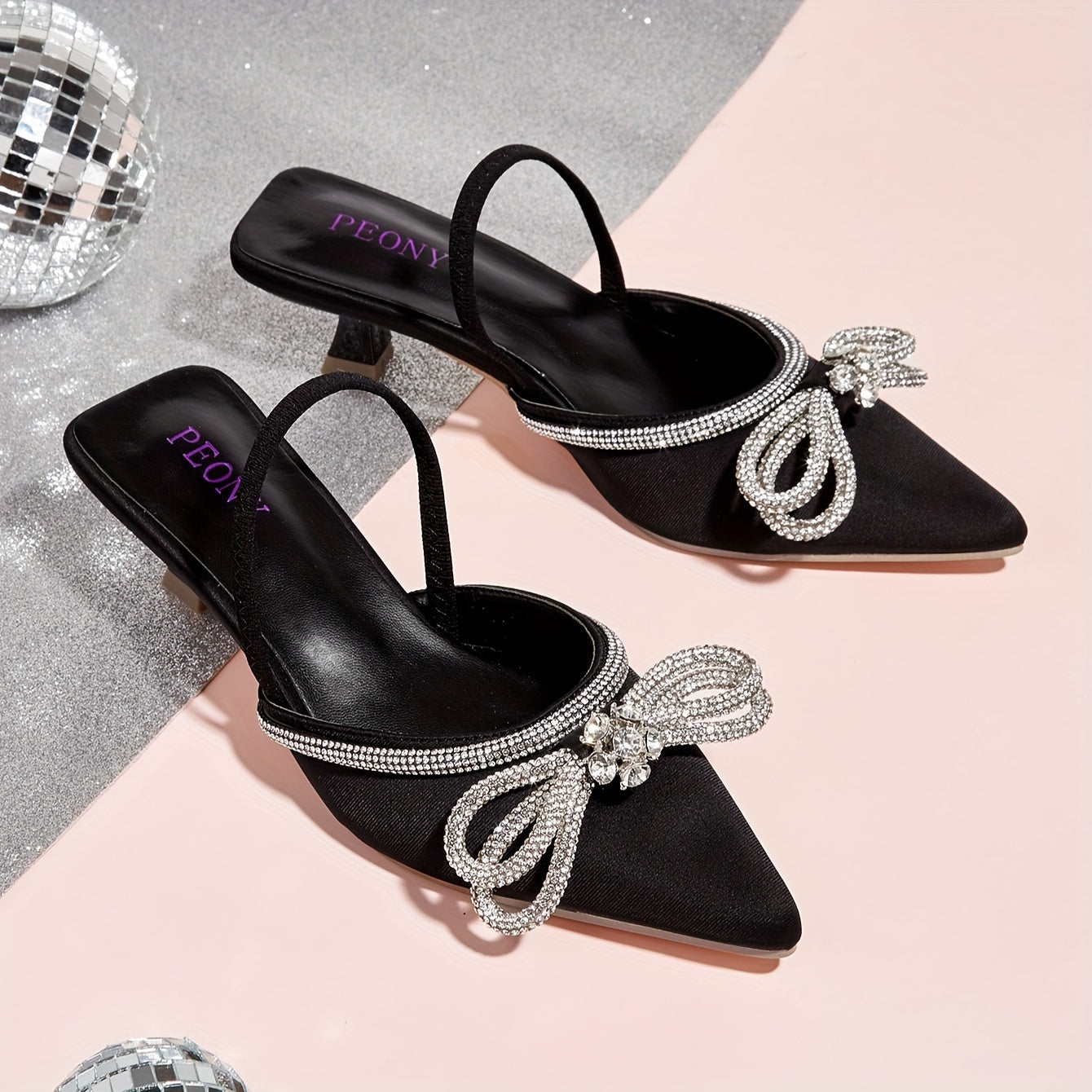 Women's Rhinestone Bowknot Kitten Heels - Elegant Slingback Sandals