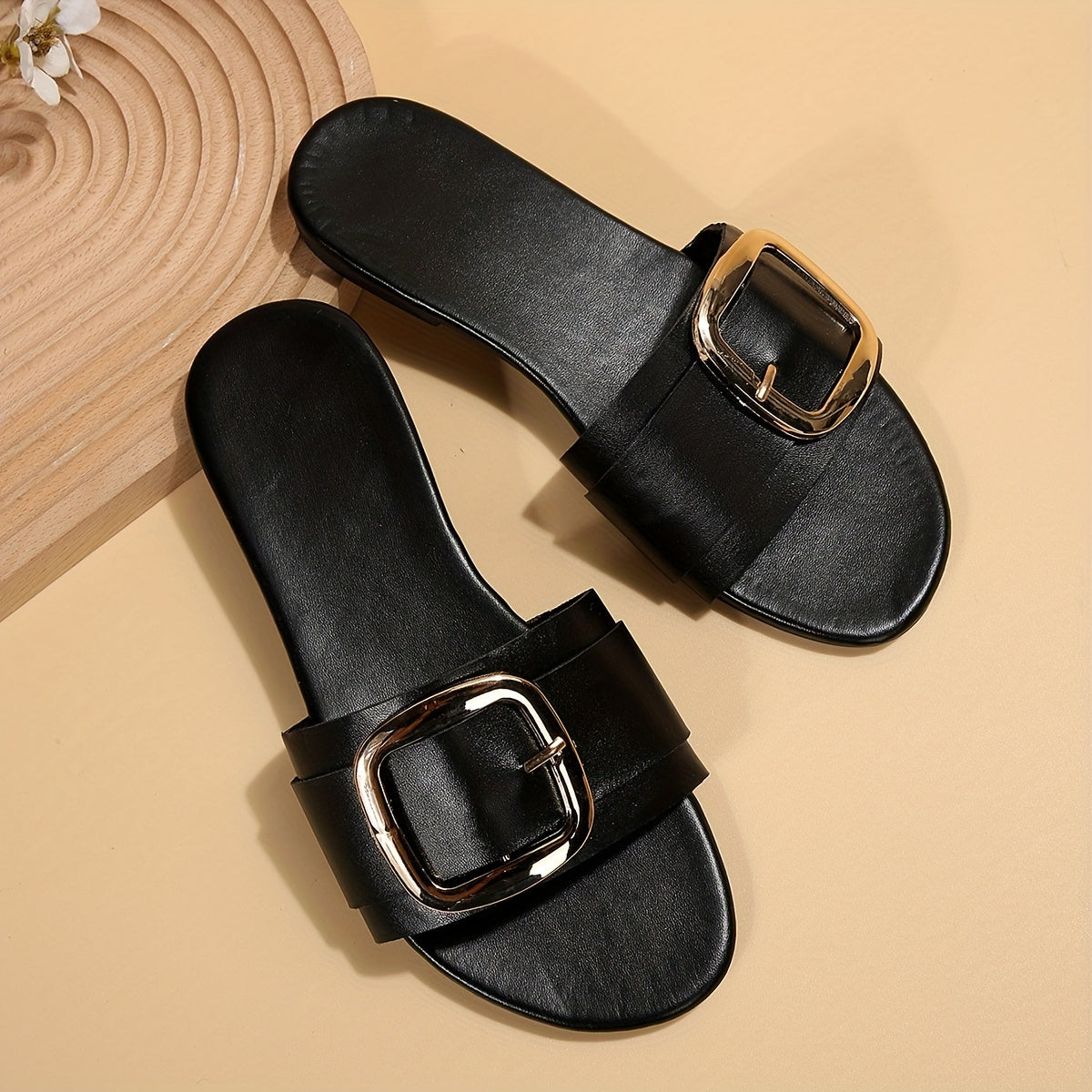 Women's Square Buckle Slide Sandals - Casual Flat Beach Shoes