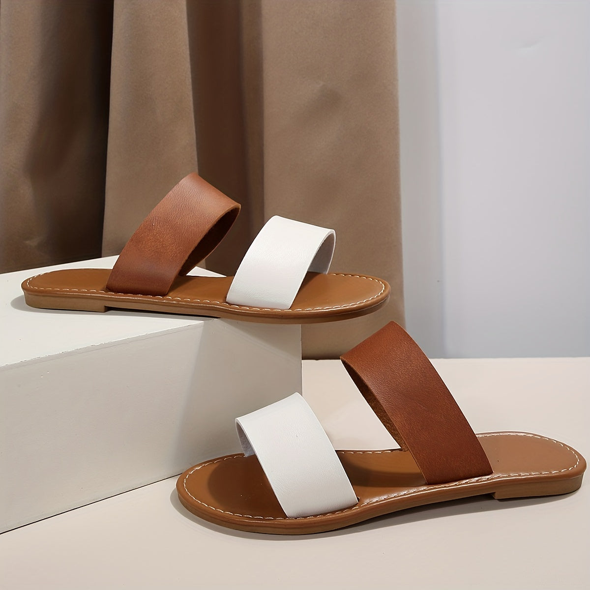 Women's Contrast Color Slide Sandals - Casual Flat Beach Shoes