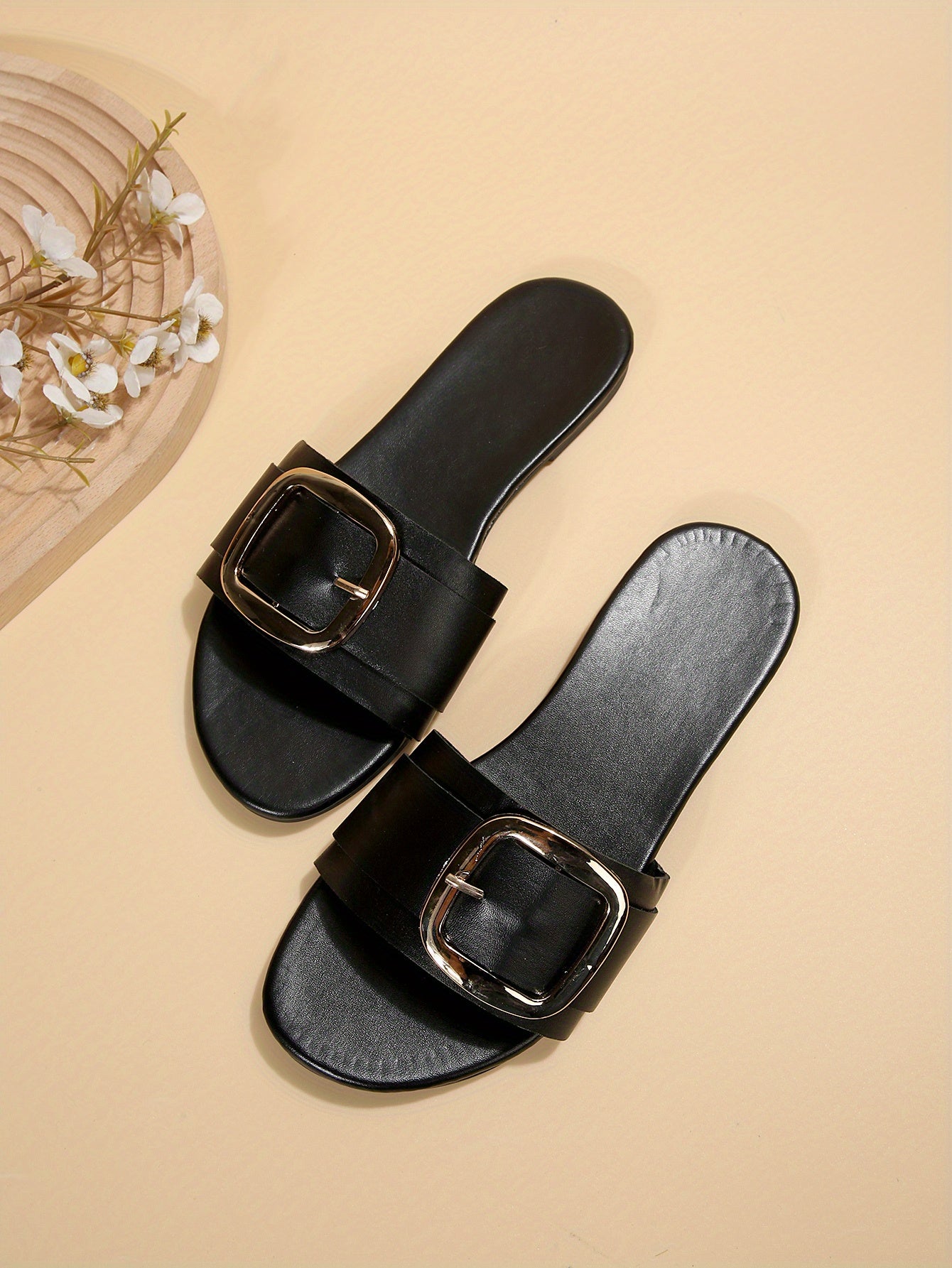 Women's Square Buckle Slide Sandals - Casual Flat Beach Shoes
